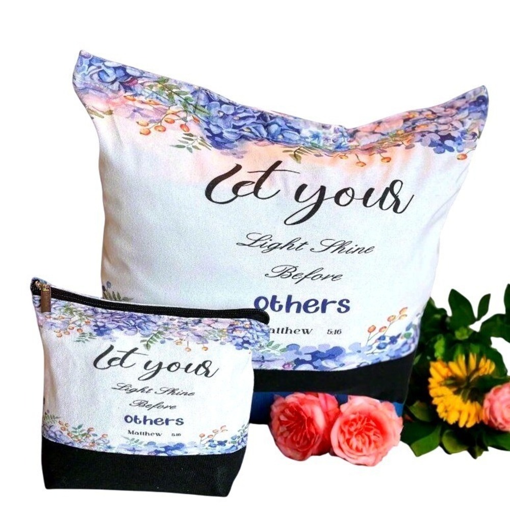Floral Canvas Tote Bag & Makeup Bag Set Christian Bible Verse Theme